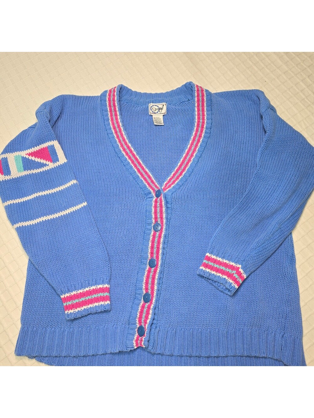 Vintage 90s Cynthia J Cardigan Sweater Blue Colorblock Striped Kidcore Plus 1X